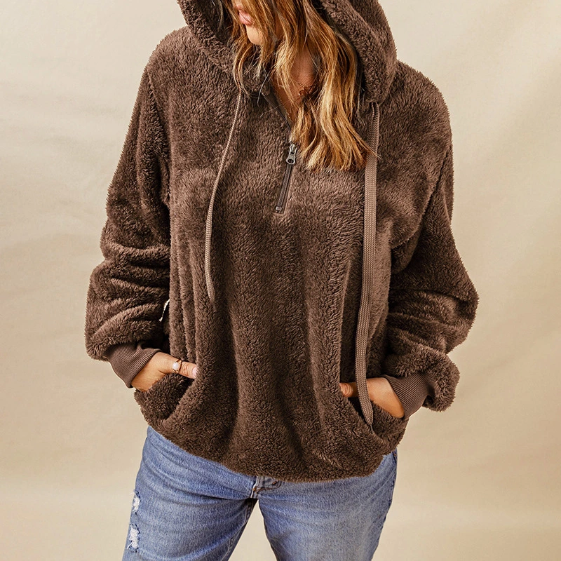 Women Velvet Hoodues Warm Plush Pocket Street Hooded Loose Coat Women′s Clothing Hoodies Sweatshirts