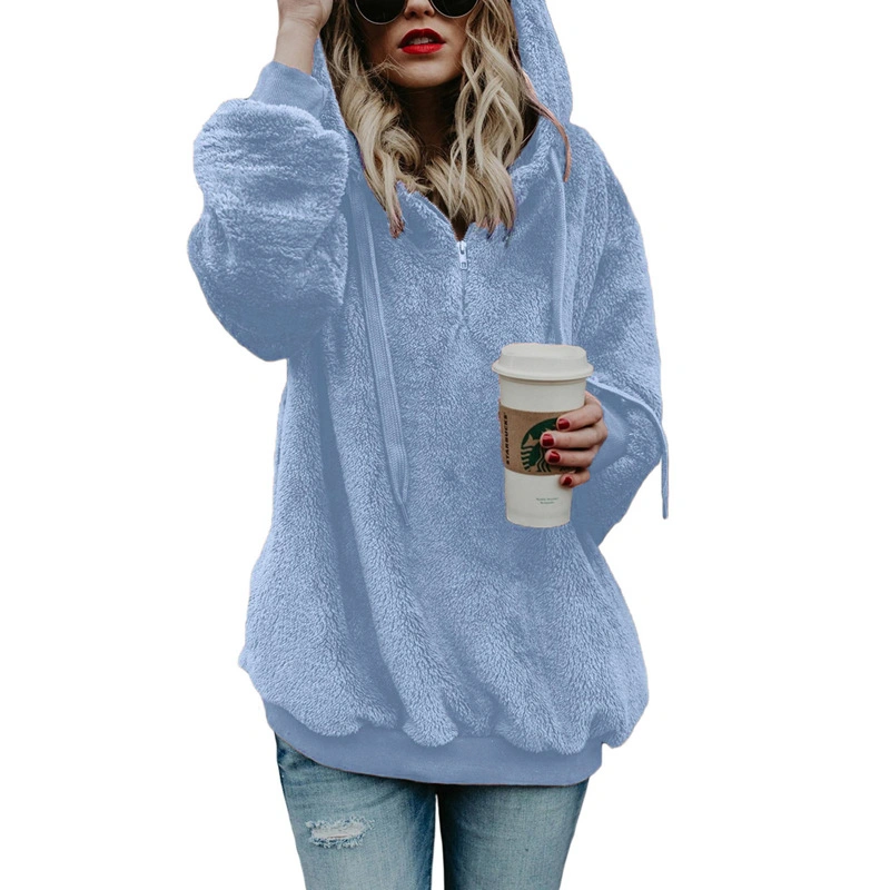 Women Velvet Hoodues Warm Plush Pocket Street Hooded Loose Coat Women′s Clothing Hoodies Sweatshirts